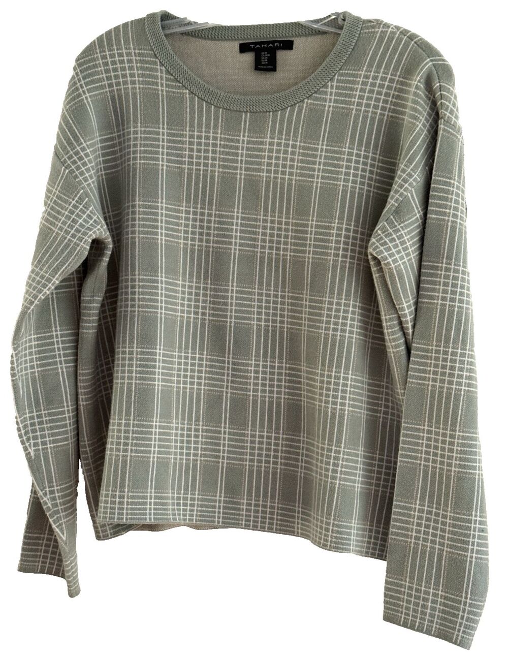 Tahari Plaid Crewneck Sweater Womens Medium Sage Green White Grid Knit NWOT